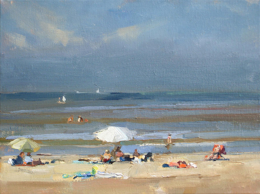 Sunny at the beach white parasol painting - Unknown Artist Sunny at the beach white parasol art painting